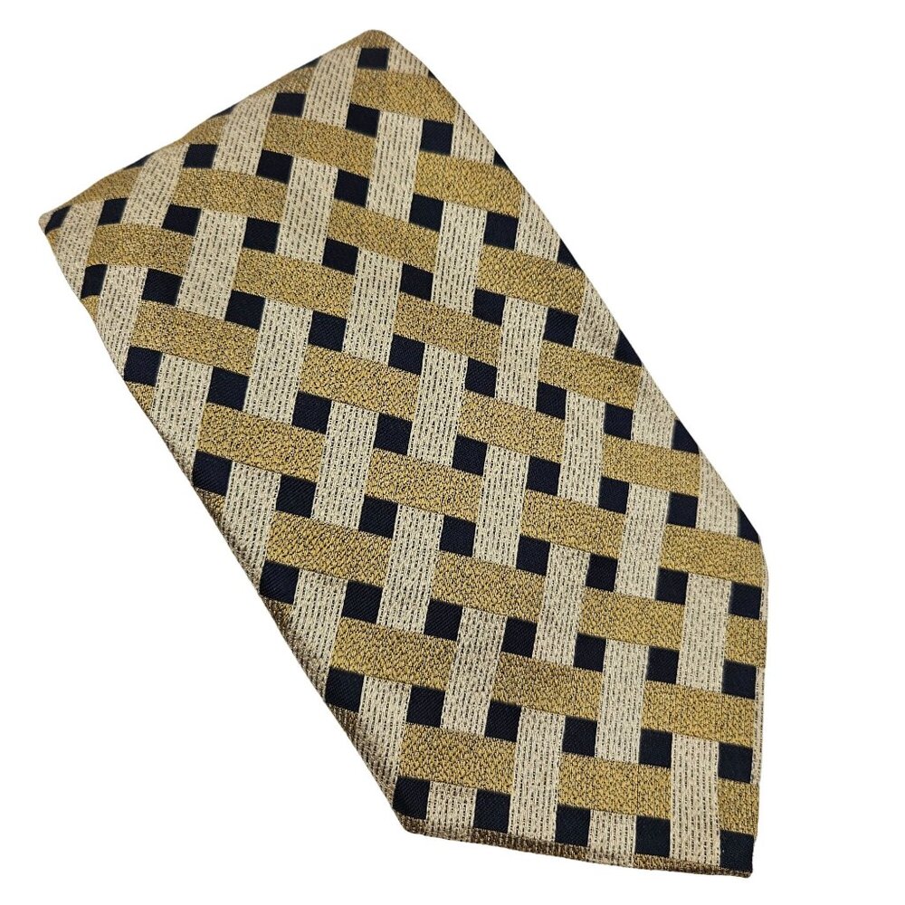 DeSantis Collection Mens Neck Tie Silk Gold Blue Weave Pattern Business Formal